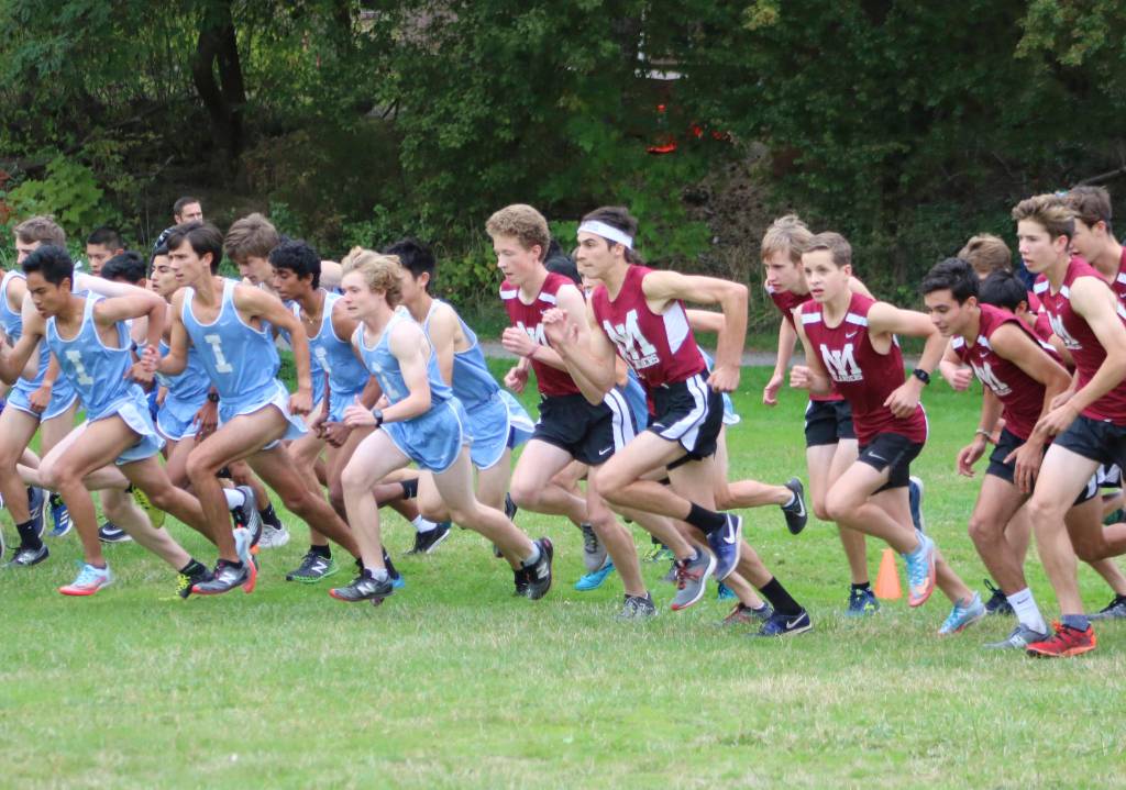 The Interlake and Mercer Island boys cross country teams take off at the starting line on Oct. 2 at Luther Burbank Park. Benjamin Olson/ staff photo