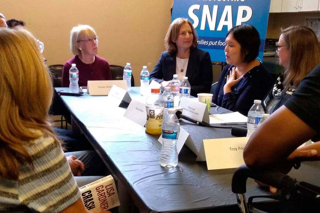 U.S. Sen. Patty Murray and Rep. Kim Schrier held a roundtable at the Issaquah Food and Clothing Bank on Oct. 3 to talk about the Trump administrations plan to further change SNAP food benefits rules and reduce the number of people using them. Aaron Kunkler/staff photo