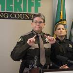 We are one, King County Sheriff Mitzi G. Johanknecht said in regard to the recent teen deaths due to fentanyl overdose. Left: Sammamish mayor Christie Malchow, King County Sheriff Mitzi G. Johanknecht and Sammamish Police Chief Michelle Bennett. Madison Miller / staff photo