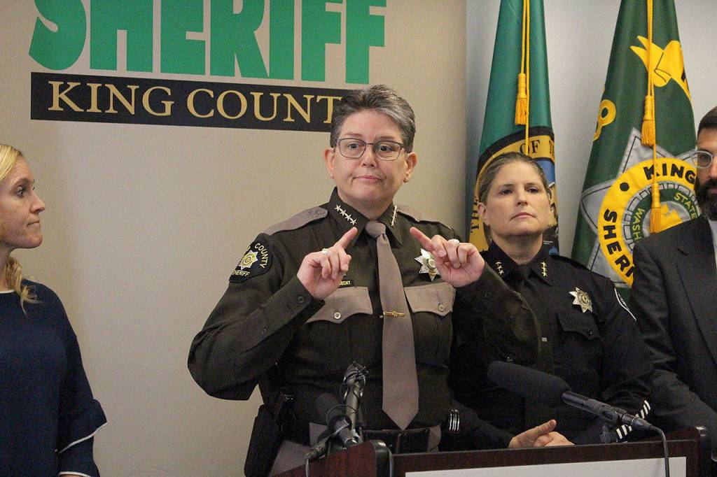 We are one, King County Sheriff Mitzi G. Johanknecht said in regard to the recent teen deaths due to fentanyl overdose. Left: Sammamish mayor Christie Malchow, King County Sheriff Mitzi G. Johanknecht and Sammamish Police Chief Michelle Bennett. Madison Miller / staff photo