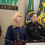Sammamish mayor Christie Malchow assures parents and community members that the city and the school districts will work together to provide better education and resources to prevent another fentanyl overdose. Left: King County Sheriff Mitzi G. Johanknecht, Christie Malchow, Sammamish Police Chief Michelle Bennett and Public Health of Seattle-King County strategic advisor, Brad Finegood. Madison Miller / staff photo