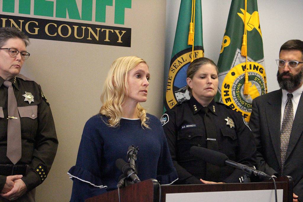Sammamish mayor Christie Malchow assures parents and community members that the city and the school districts will work together to provide better education and resources to prevent another fentanyl overdose. Left: King County Sheriff Mitzi G. Johanknecht, Christie Malchow, Sammamish Police Chief Michelle Bennett and Public Health of Seattle-King County strategic advisor, Brad Finegood. Madison Miller / staff photo