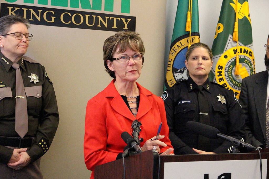 King County councilmember Kathy Lambert reminds and urges people to use Sammamishs drug take back box to get rid of leftover or obtained drugs. Left: King County Sheriff Mitzi G. Johanknecht, King County councilmember Kathy Lambert and Sammamish Police Chief Michelle Bennett. Madison Miller / staff photo