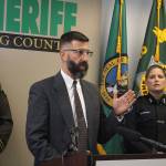 Public Health of Seattle-King County strategic advisor, Brad Finegood, discusses the dangers of fentanyl at Wednesdays news conference following the deaths of two Sammamish teens. Left: King County Sheriff Mitzi G. Johanknecht, Brad Finegood and Sammamish Police Chief Michelle Bennett. Madison Miller /staff photo