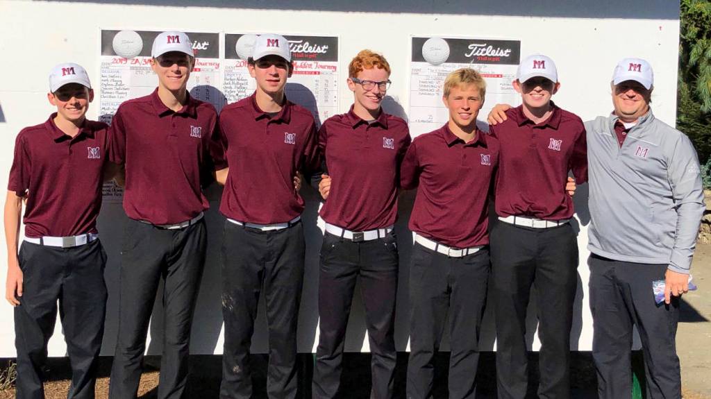 The Mercer Island boys golf team finished first at the 2A/3A KingCo medalist tournament on Oct. 14 at Snohomish Golf Course. From left to right, Spencer Smith, Ethan Evans, Jack Dilworth, Camdon Gierke, Henry Watson, Liam Kelly and head coach Tyson Peters. Photo courtesy of Tyson Peters.