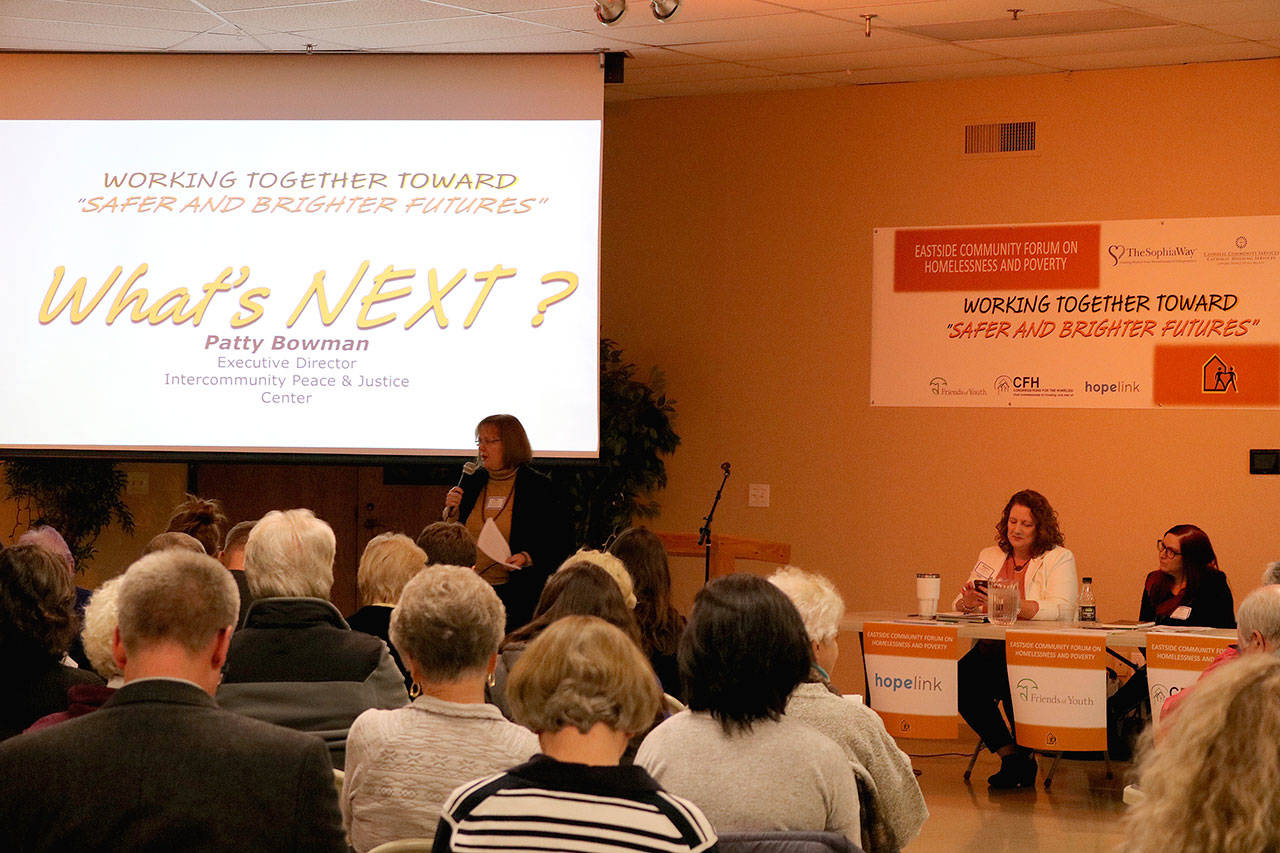 Stephanie Quiroz/staff photos                                The forums keynote speakers included Bill Hallerman from Catholic Community Services, Meghan Altimore from Hopelink, David Bowling from Congregations for the Homeless, Alisa Chatinsky from The Sophia Way, Jessica Wood from Friends of Youth, Betty Schumacher from St. Jude Catholic Church, and Patty Bowman from Inter Community Peace and Justice Center.