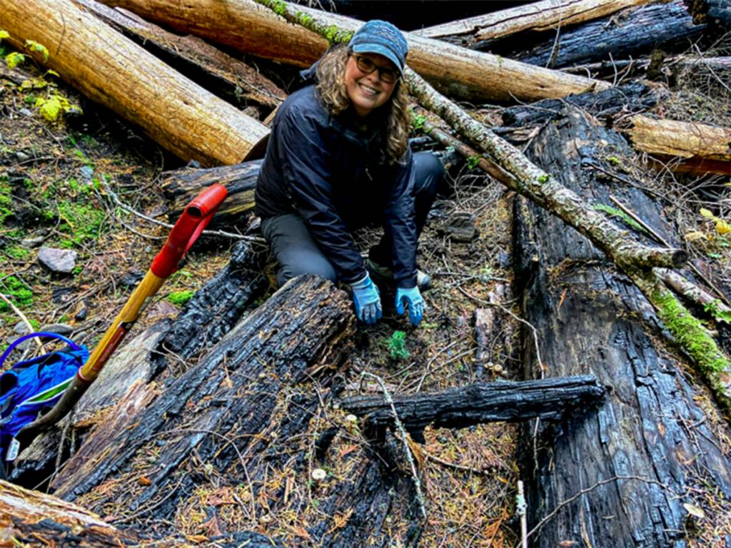Mercer Island rotarian Claudina Campbell poses with a tree she planted on Oct. 27 during a Rotary event on Mount Baker. Courtesy photo