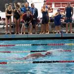 Mercer Island swimmer Cayla Prophater competes in the 200 free while being cheered on by teammates at the district meet on Nov. 9. Photo courtesy of Allison Nelson