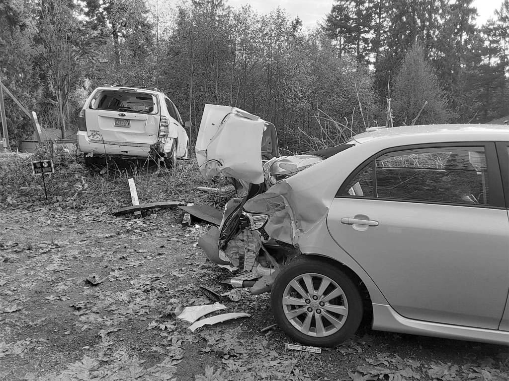 The photo shows two of the cars damaged during a collision on Nov. 11 on West Mercer Way. Photo courtesy of Peter Dornay