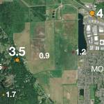 An aerial photo shows the locations of two earthquakes and five aftershocks in and near Monroe, which rattled the Puget Sound region on July 12. The first was the magnitude 4.6 quake at upper right, 13 miles under the intersection of U.S. 2 and Fryelands Boulevard SE at 2:51 a.m. The second, magnitude 3.5, occurred 18 miles under the Old Snohomish-Monroe Road at 2:53 a.m. The aftershocks followed during the ensuing two hours. This image depicts an area about 3 miles wide. (Herald staff and the Pacific Northwest Seismic Network)