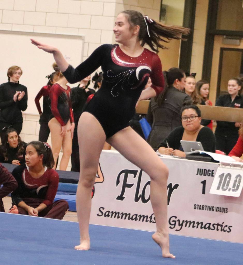 Mercer Island sophomore Kayla Friedman performs a floor routine during a gymnastics meet on Dec. 12 at Sammamish High School. Benjamin Olson/staff photo