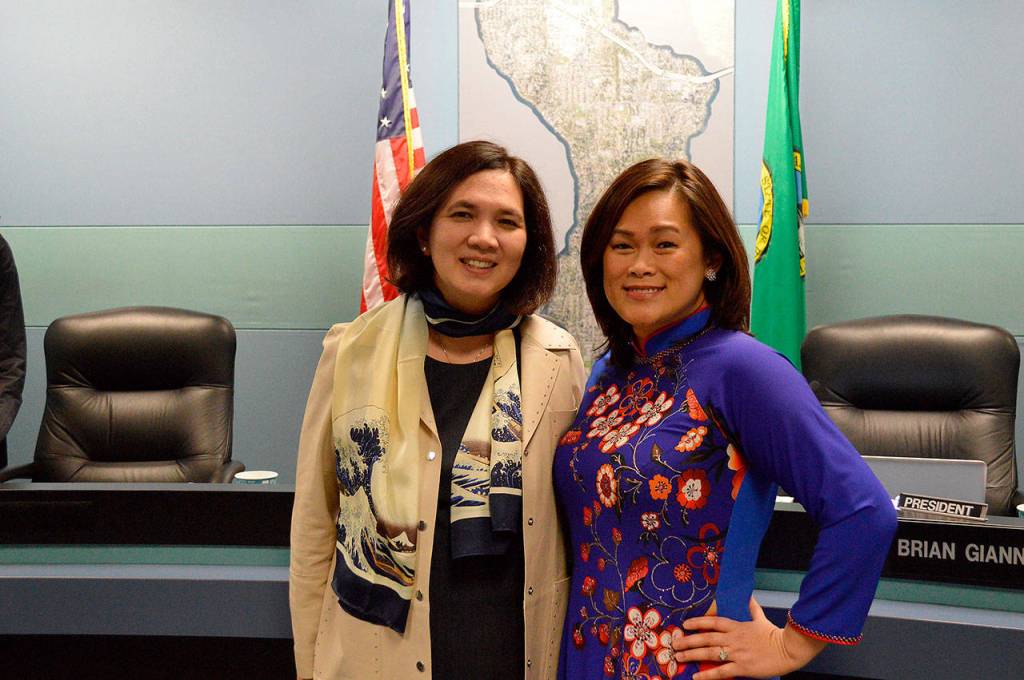 Courtesy photo                                New Mercer Island School Board directors Maggie Tai Tucker, left, and Tam Dinh.
