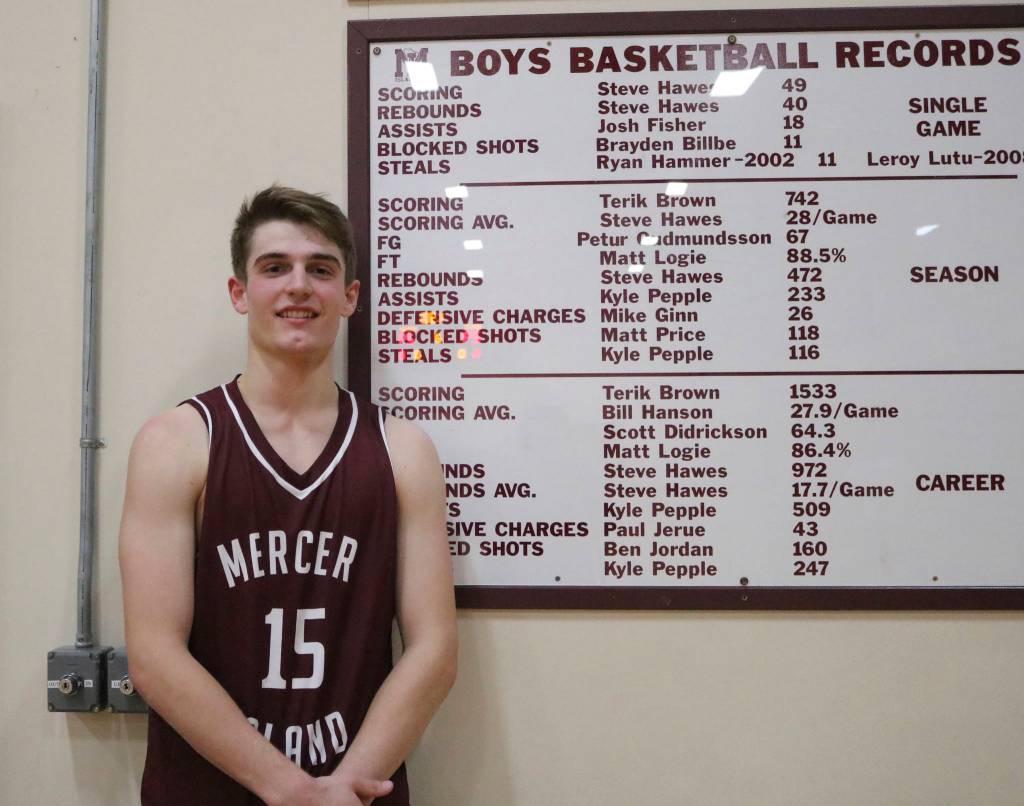 Luke Wenzel stands in front of the plaque in the Mercer Island gym that lists all the records for the boys basketball team. Wenzel tied the career record for defensive charges with 43 during the Islanders 47-31 victory over Sammamish on Jan. 7. Benjamin Olson/staff photo