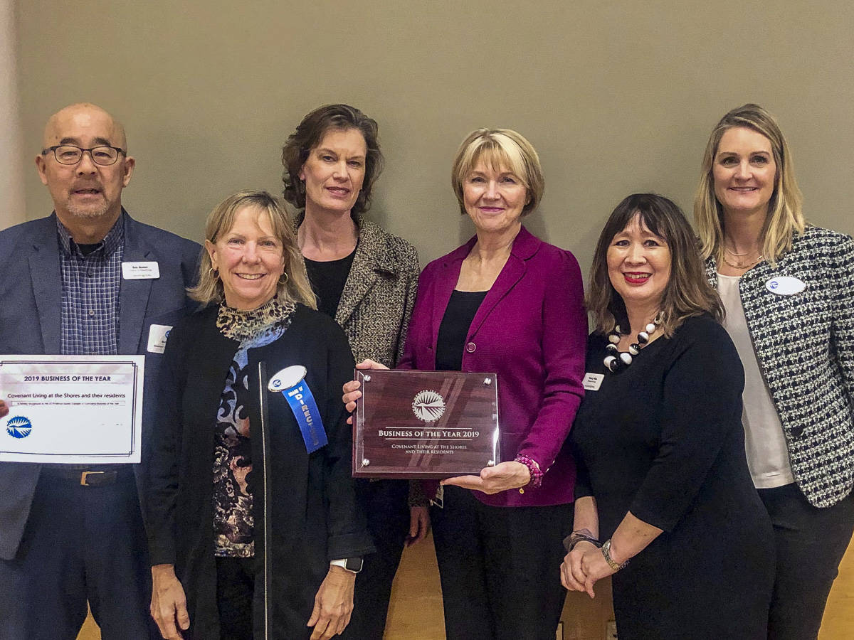 The Mercer Island Chamber of Commerce presents the 2019 Business of the Year Award to Covenant Living at the Shores (CLS). From left: CLSs Bob Bowen, Chamber of Commerce Board President Suzanne Skone, CLS Associate Executive Director Marykay Duran, CLSs Leslie McGee, CLS Sales Director Nancy Woo, and Chamber of Commerce Executive Director Laurie Givan. Courtesy photo.