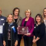 The Mercer Island Chamber of Commerce presents the 2019 Business of the Year Award to Covenant Living at the Shores (CLS). From left: CLSs Bob Bowen, Chamber of Commerce Board President Suzanne Skone, CLS Associate Executive Director Marykay Duran, CLSs Leslie McGee, CLS Sales Director Nancy Woo, and Chamber of Commerce Executive Director Laurie Givan. Courtesy photo.
