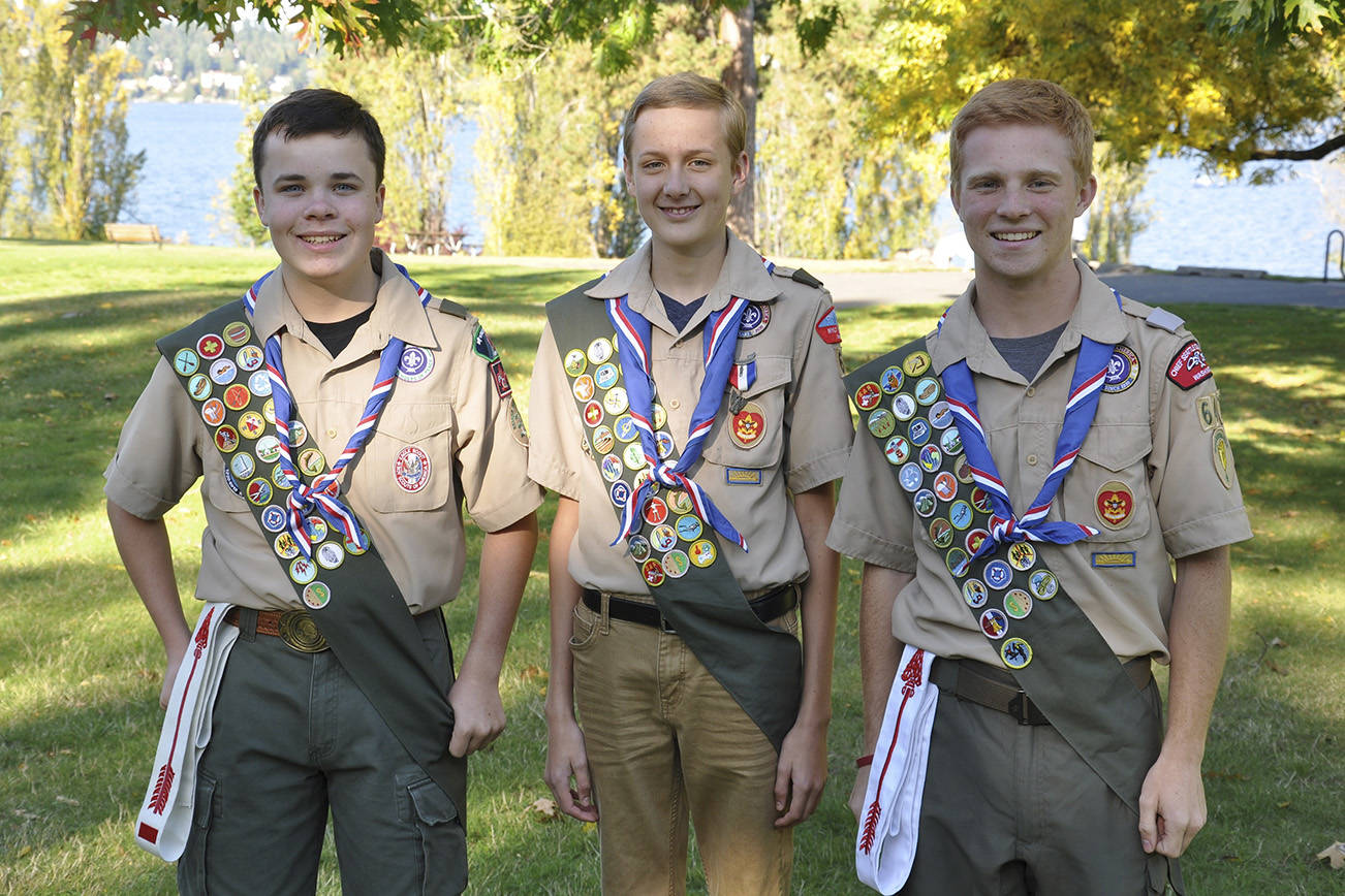 Photo courtesy of Deborah Hendrickson                                A recent Eagle Scout Court of Honor recognized Elliott Hendrickson of Mercer Island, Alexander Raffetto of Bellevue and Andrew Sugamele of Mercer Island.