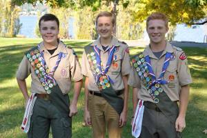 Photo courtesy of Deborah Hendrickson                                A recent Eagle Scout Court of Honor recognized Elliott Hendrickson of Mercer Island, Alexander Raffetto of Bellevue and Andrew Sugamele of Mercer Island.