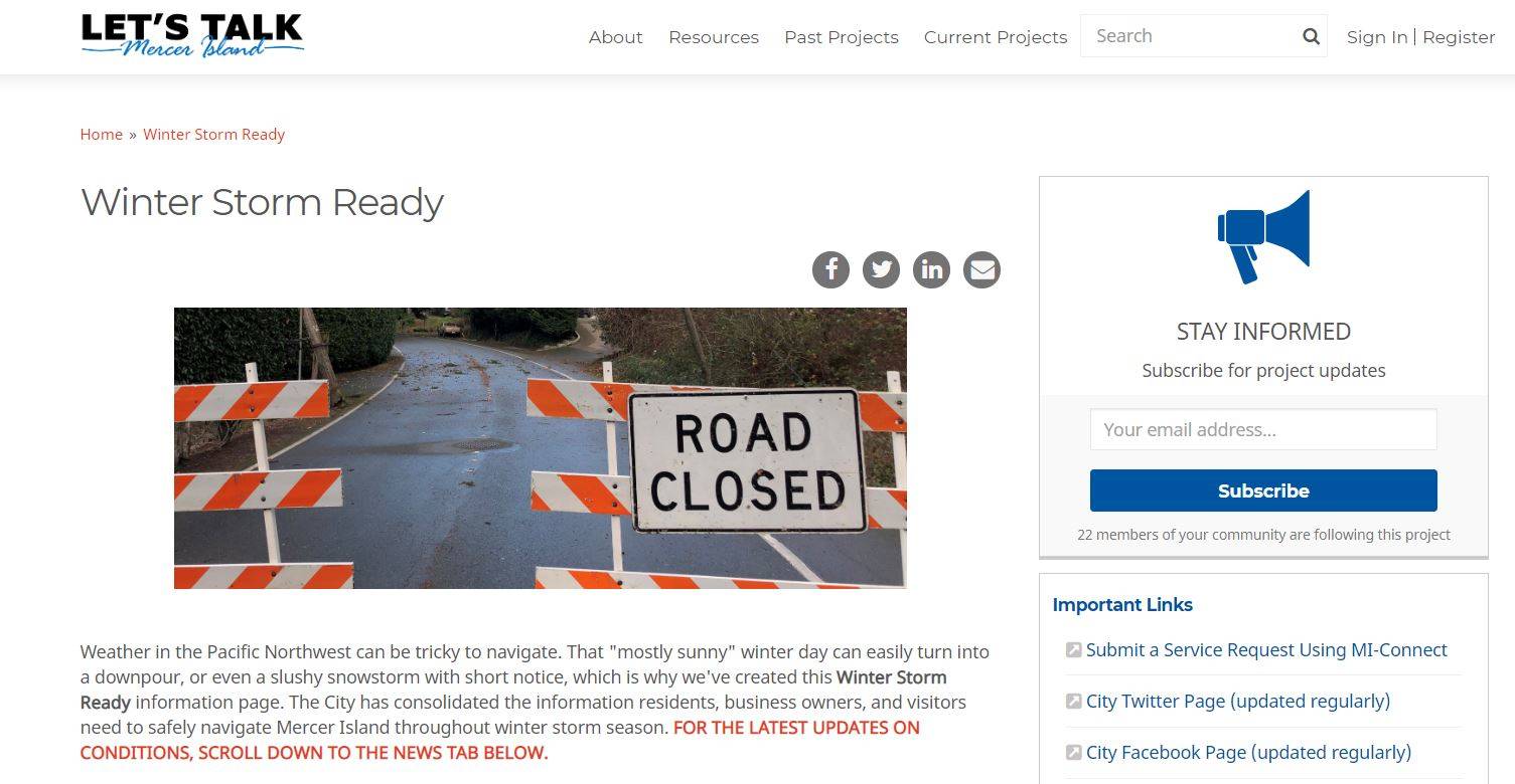A screenshot of Mercer Islands new Winter Storm Ready webpage on its Lets Talk Mercer Island website.