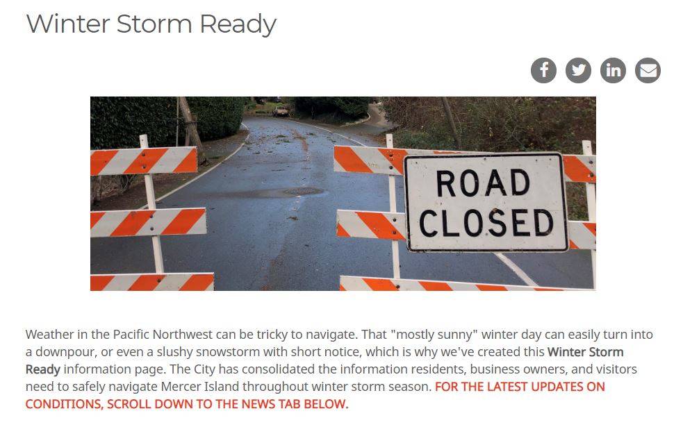 A screenshot of Mercer Islands new Winter Storm Ready webpage on its Lets Talk Mercer Island website.