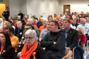 Photo by Leona Vaughn / WNPA News Service                                Washington residents at a Senate Law and Justice Committee hearing on a proposed ban on high capacity gun magazines this week. Many wore orange in support of gun safety.