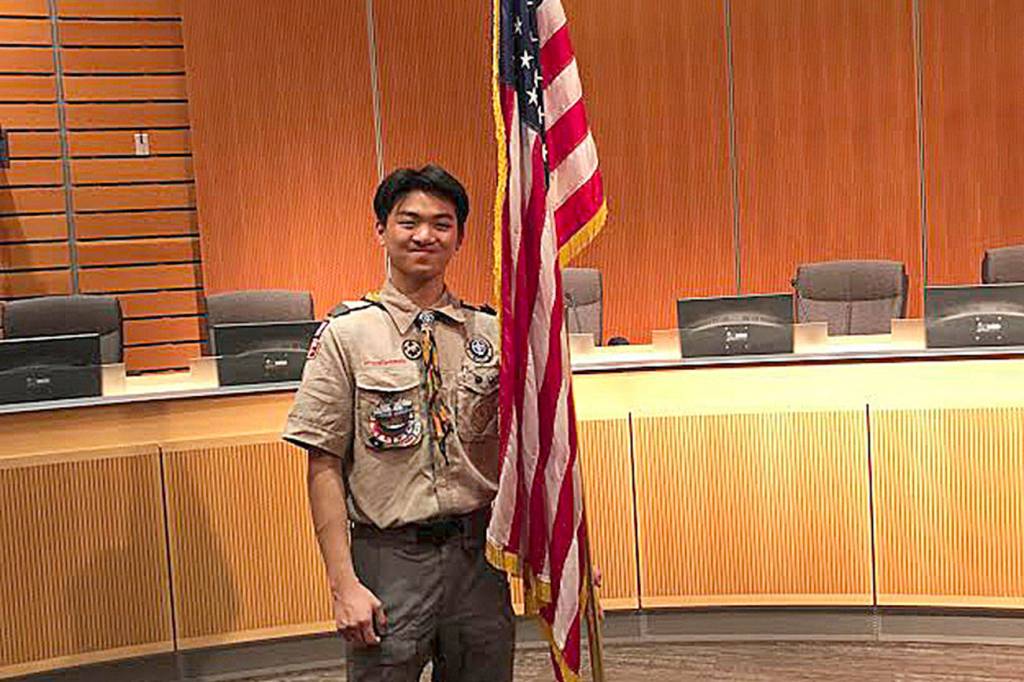 Courtesy photo                                Scouts BSA Troop 624 recognized Eric Liang at an Eagle Scout Court of Honor on January 5, 2020, at the Mercer Island Presbyterian Church.