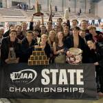 The Mercer Island boys team won the 3A state championship at the state swim meet on Feb. 22 at the King County Aquatic Center in Federal Way. The Islanders edged Bainbridge 313-289.5 to win their first state title since 2014. Courtesy photo