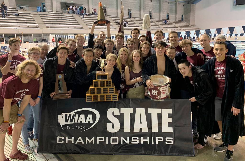 The Mercer Island boys team won the 3A state championship at the state swim meet on Feb. 22 at the King County Aquatic Center in Federal Way. The Islanders edged Bainbridge 313-289.5 to win their first state title since 2014. Courtesy photo