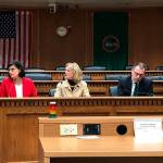 Discussing homeless on Jan. 9 are, from left, Associated Press Olympia correspondent Rachel La Corte, Rep. Nicole Macri (D-Seattle), Sen. Patty Kuderer (D-Bellevue), Sen. Hans Zeiger (R-Puyallup) and Rep. Morgan Irwin (R-Enumclaw). Photo by Leona Vaughn/WNPA News Service