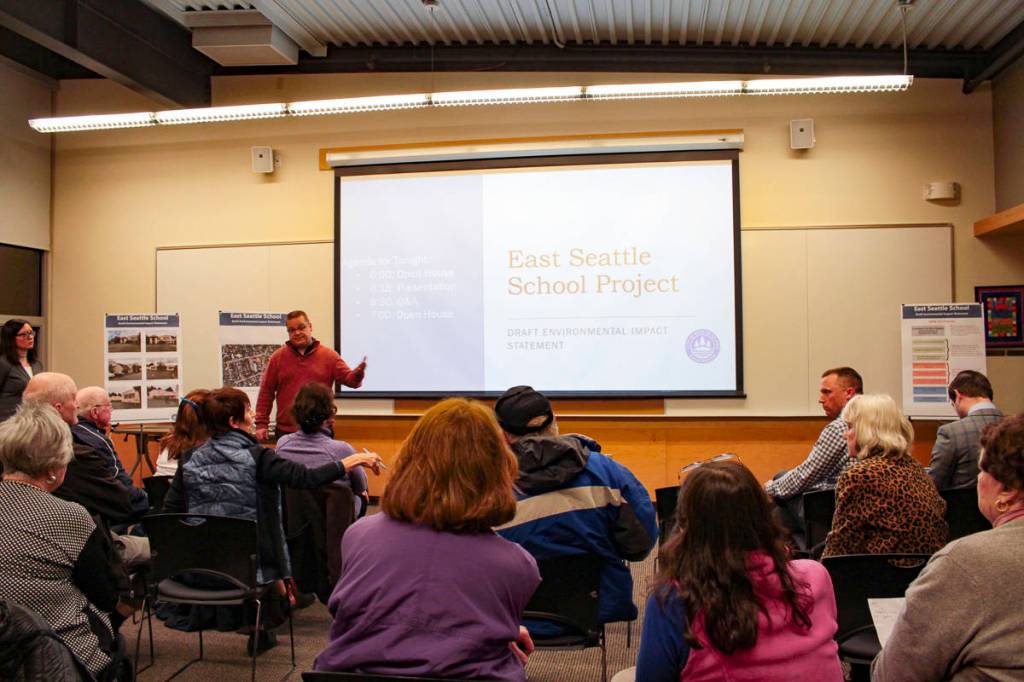 Natalie DeFord/staff photo                                A February 27 public meeting was held at the Mercer Island Community and Event Center to discuss a draft Environmental Impact Statement in relation to the proposed demolition of the former East Seattle Elementary School building.