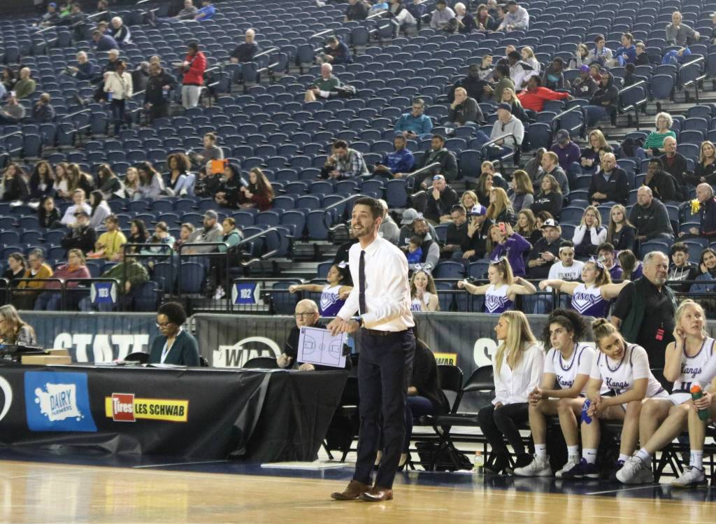 Lake Washington (crowd and bench pictured) took on Hudsons Bay in one of the 3A state girls basketball games at the Tacoma Dome on Wednesday. Andy Nystrom/ staff photo
