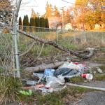 Natalie DeFord/staff photo                                Garbage and large branches at the former East Seattle Elementary School property parking lot entrance.