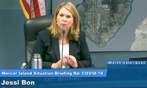 screenshot                                 Mercer Island city manager Jessi Bon speaks during a situation briefing on COVID-19.