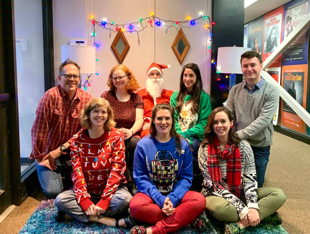 A Kirkland Performance Center staff photo, which was featured on the organizations 2019s holiday card. From left to right: Jeff Lockhart, Anna Espe, Hannah Ekness, David Bander, Mari Cannon, Skye Stoury, Kayla Teel and Jacob Gannon. Photo courtesy KPC