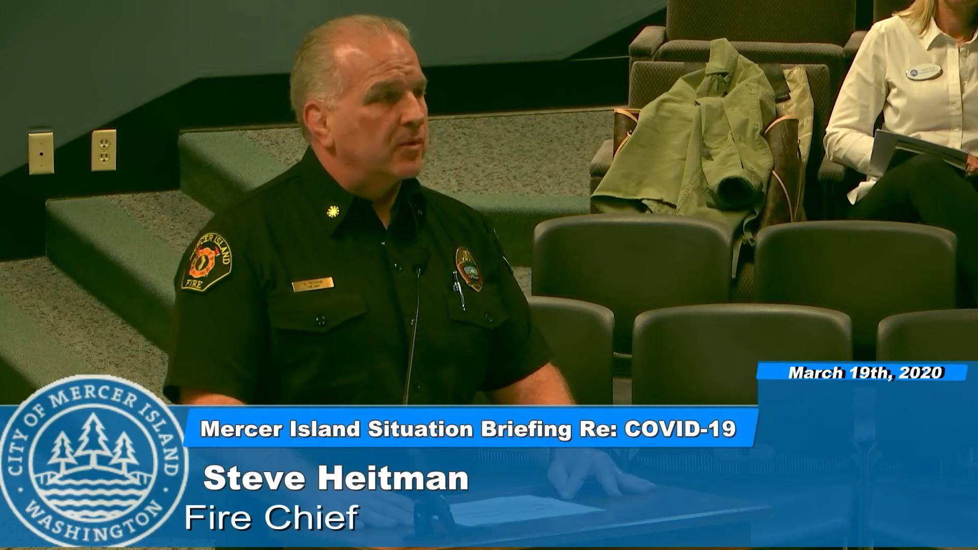 Mercer Island Fire Chief Steve Heitman speaks at the citys second situation briefing on COVID-19. These briefings will occur weekly at 3 p.m. on Thursday, streamed live. Video screenshot.