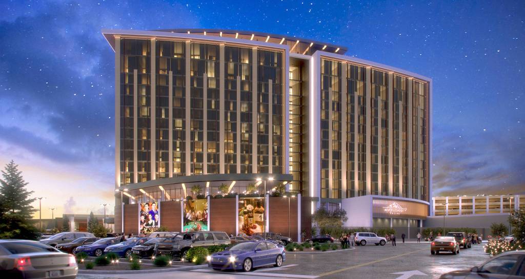 A rendering of what the Muckleshoot Indian Tribes new 18-story, 400-room hotel resort will look like when it is expected to open in 2021, next to its main casino in Auburn. COURTESY IMAGE, Tribe/Smarthouse Creative