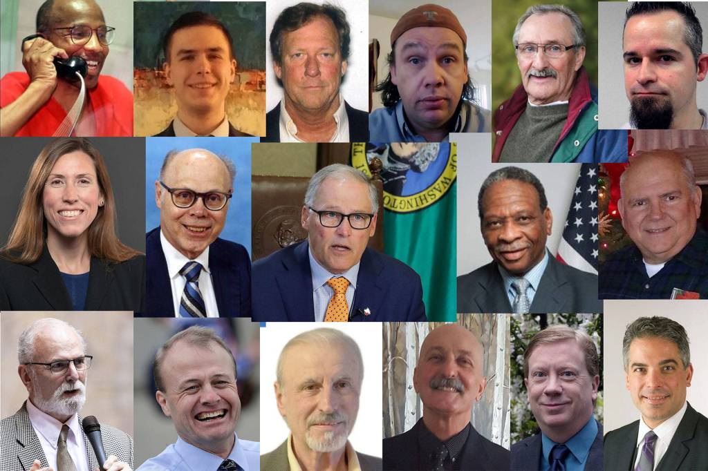 Among the candidates for Washington state governor in 2020: (Top row, L-R): Omari Tahir Garrett, Winston Wilkes, Thor Amundson, Cameron Vessey, Martin Iceman Wheeler, Ryan Ryals; (middle row L-R): Liz Hallock, Goodspaceguy, Gov. Jay Inslee, Don Rivers, Gene Hart; (bottom row L-R): Phil Fortunato, Tim Eyman, Alex Tsimerman, Cairo DAlmeida, Cregan Newhouse, Raul Garcia.