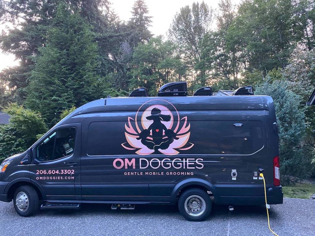Harris drives to her clients in a 2020 Ford Transit van (pictured) that has been renovated inside to resemble a typical grooming salon. Photo courtesy Tracy Harris