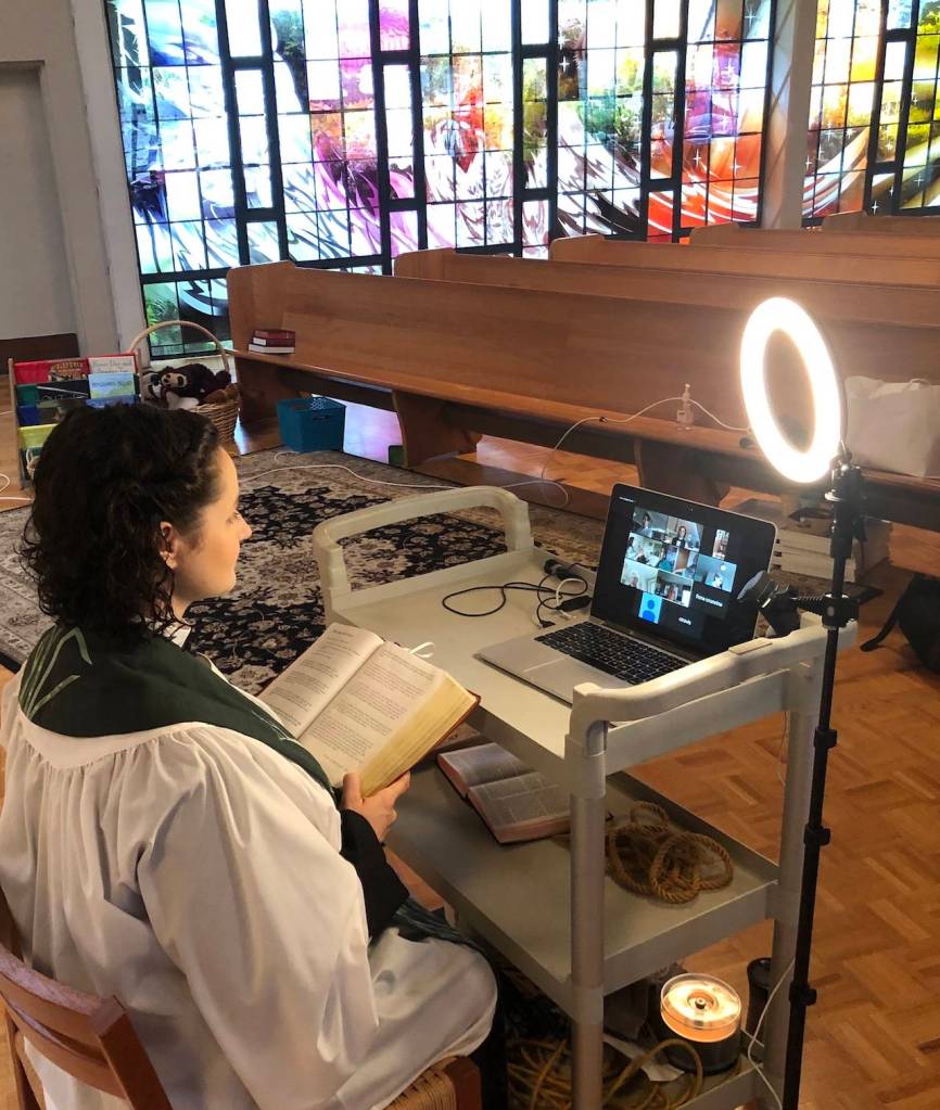 Riley uses a savvy setup to replicate the feeling of being inside the building when hosting Zoom services. Photo courtesy Elizabeth Riley