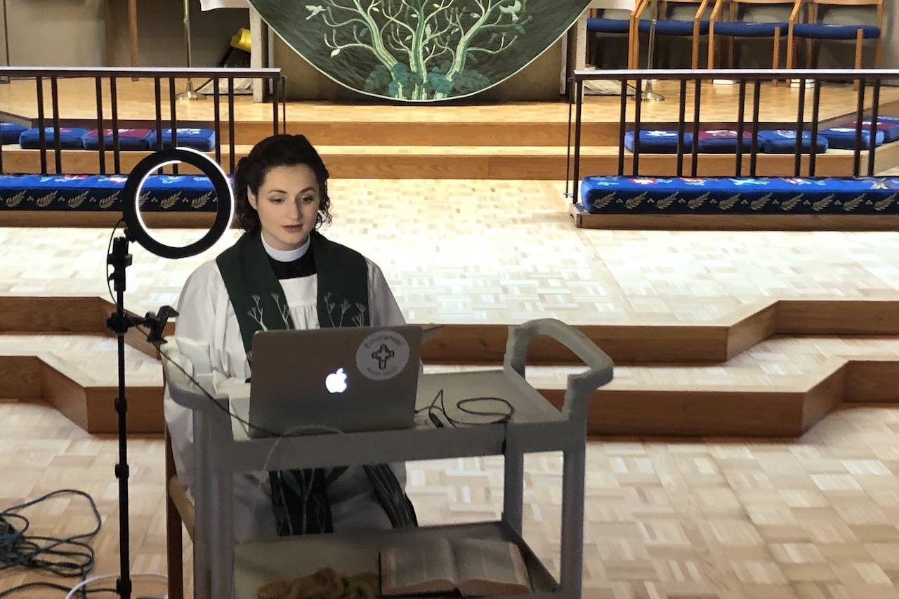 Rev. Elizabeth Riley, the rector at Mercer Islands Emmanuel Church, preaching from her churchs sanctuary Sunday, June 28. Her congregation watches over Zoom. Photo courtesy Elizabeth Riley