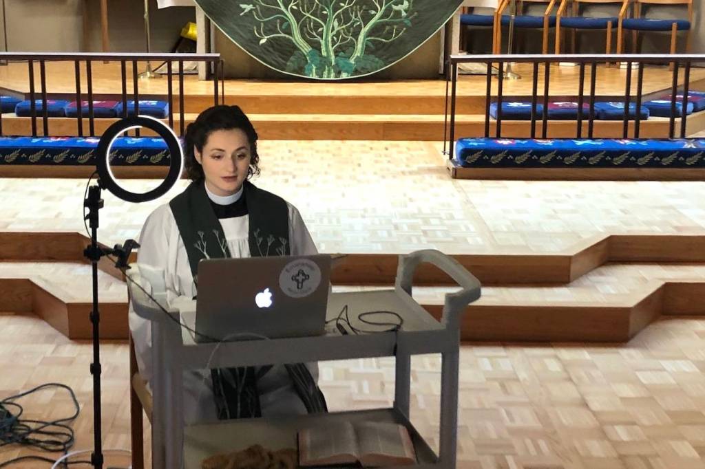 Rev. Elizabeth Riley, the rector at Mercer Islands Emmanuel Church, preaching from her churchs sanctuary Sunday, June 28. Her congregation watches over Zoom. Photo courtesy Elizabeth Riley