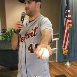 MLB pitcher Matthew Boyd demonstrates how he grips a baseball to residents of Covenant Shores on Oct. 30, 2017. Photo courtesy of Greg Asimakoupoulos