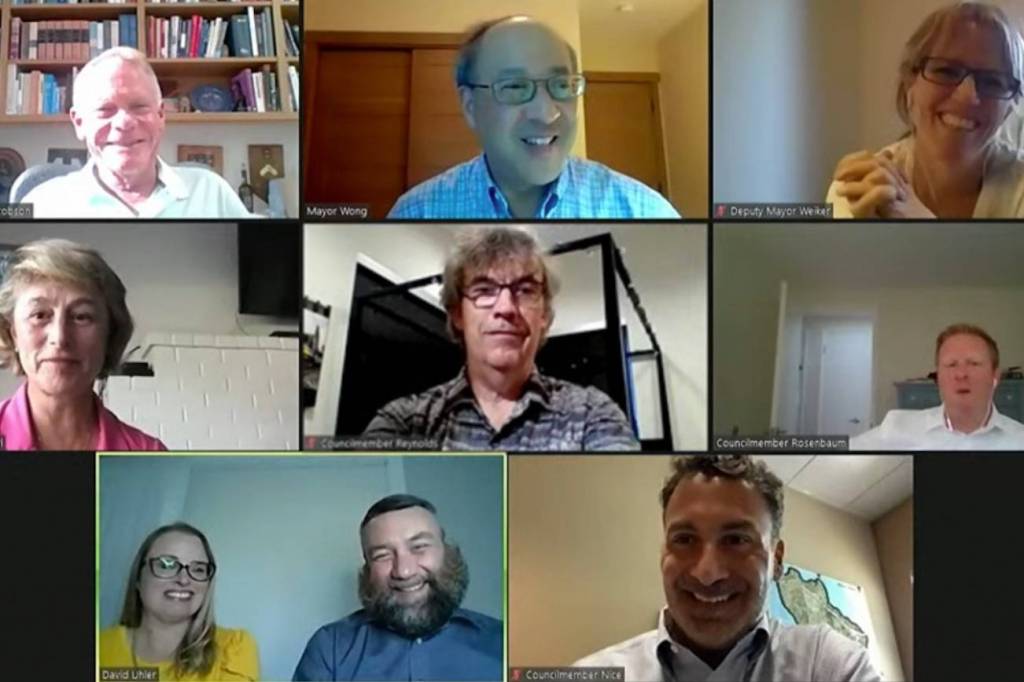 Top row, L-R: Councilmember Jake Jacobson, Mayor Benson Wong, Deputy Mayor Wendy Weiker. Middle row, L-R: Councilmembers Lisa Anderl, Craig Reynolds, David Rosenbaum. Bottom row, L-R: Citizens of the Year Kendra and David Uhler and Councilmember Salim Nice. Screengrab courtesy city of Mercer Island