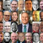 Gov. Jay Inslee (center) is being challenged by 35 people, 32 of whom are pictured here, for his job. Row 1 (L-R): Phil Fortunato, Nate Herzog, William Miller, Anton Sakharov, Alex Tsimerman, Winston Wilkes, Bill Hirt, Cregan Newhouse, Richard Carpenter. Row 2 (L-R): Joshua Wolf, Thor Amundson, Goodspaceguy, Liz Hallock, Jay Inslee, Leon Lawson, Don Rivers, Henry Dennison. Row 3 (L-R): Omari Tahir Garrett, Joshua Free, David Blomstrom, Dylan Nails, Elaina Gonzalez, Cairo DAlmeida, Raul Garcia. Row 4 (L-R): Brian Weed, Cameron Vessey, Matthew Murray, Tim Eyman, Gene Hart, Martin Iceman Wheeler, Ian Gonzalez, Loren Culp. Not pictured: Tylor Grow, Craig Campbell, David Voltz.