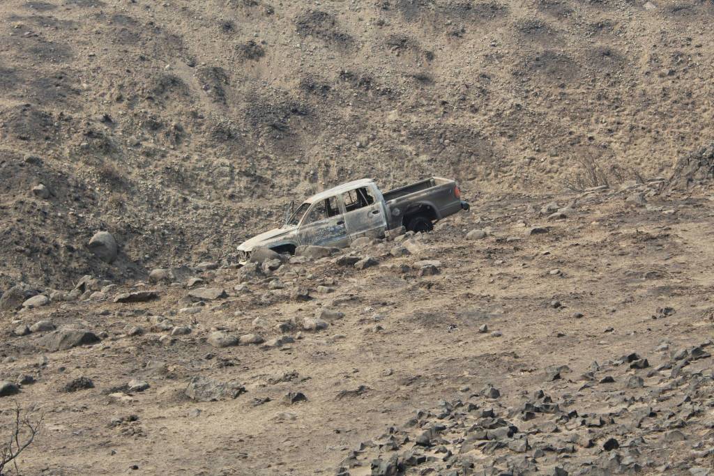 The truck of the Renton family as it was found Tuesday. While fleeing the Cold Springs Fire two adults were severely burned and one toddler died. Courtesy photo/Okanogan Sheriffs Office