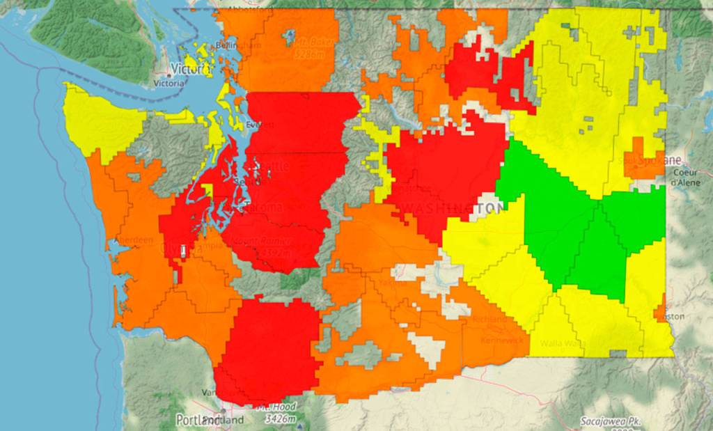 This is the smoke/air forecast for Friday, Sept. 11. Red means unhealthy air. Brown is unhealthy for sensitive groups. COURTESY GRAPHIC, State Dept. of Ecology