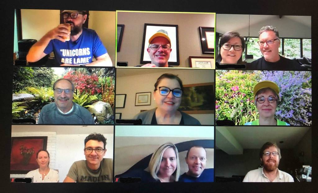 Mercer Island neighbors participate in an online emergency preparedness meeting on Sept. 13. They stayed indoors because of the poor air quality caused by the Oregon and California wildfires. Courtesy photo