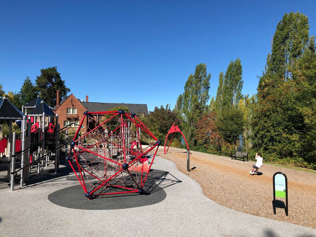 Mercer Islands parks maintenance staff reopened playgrounds throughout the Island on Sept. 24. Heres a capture at Luther Burbank Park on Sept. 29. Photo courtesy of Alaine Sommargren