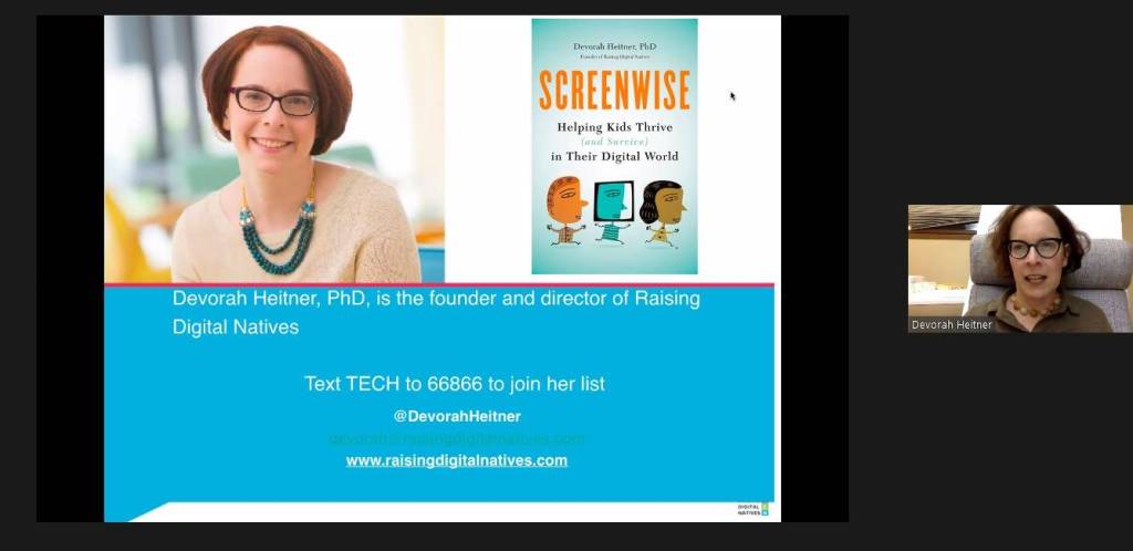 Dr. Devorah Heitner speaks to Mercer Island parents in a virtual presentation on Oct. 14. Zoom screenshot
