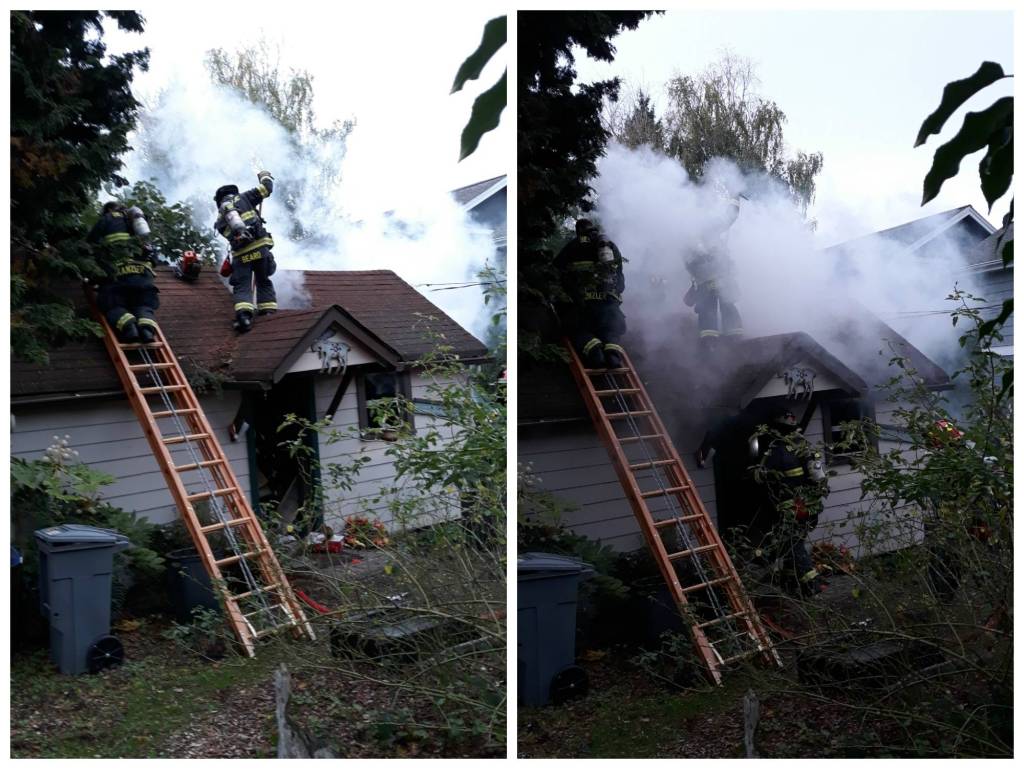 Mercer Island firefighters attack a structure fire in the 2400 block of 70th Avenue Southeast on Oct. 19. Photos courtesy of David Weber