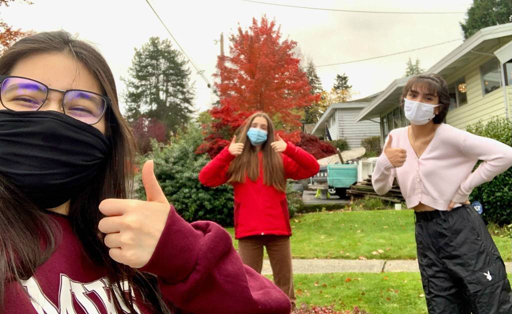 From left, Mercer Island High School juniors Kelly Cotter, Anika Lechner Armitage and Anantika Mannby will present their TEDx #women4change video conference on Nov. 14. Courtesy photo